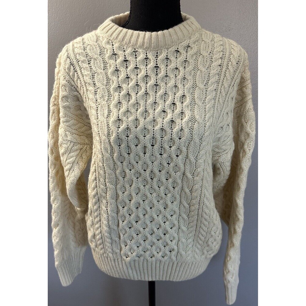 Highland Home Industries 100% Pure New Wool Beige Chunky Cable Knit Sweater Sz M